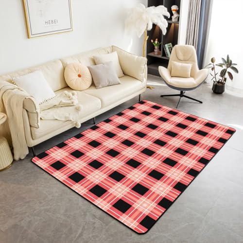 feelingyou Schecked Teppich 150x200cm, Abstrakte Geometrie Plaid Print Dekorative Area Teppich für Bett Wohnzimmer Dekor, Vintage Rot Schwarz Rosa Rutschschutz Waschbar Dekor für Indoor Outdoor feelingyou Schecked Teppich 150x200cm, Abstrakte Geometrie Plaid Print Dekorative Area Teppich für Bett Wohnzimmer Dekor, Vintage Rot Schwarz Rosa Rutschschutz Waschbar Dekor für Indoor Outdoor von feelingyou
