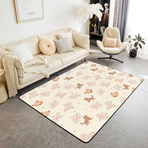 feelingyou Schöne Tier Kinder Bereich Teppich, Cartoon Bear Hund Rose Indoor Fußbodenmatte Eingangsteppich für, Blume Floral Kawaii Rutschschutz Teppich, Beige Rosa Couch Wohnzimmer Dekor, 150x200cm feelingyou Schöne Tier Kinder Bereich Teppich, Cartoon Bear Hund Rose Indoor Fußbodenmatte Eingangsteppich für, Blume Floral Kawaii Rutschschutz Teppich, Beige Rosa Couch Wohnzimmer Dekor, 150x200cm von feelingyou