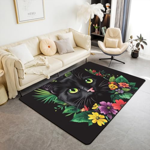 feelingyou Schwarze Katze Bereich Teppich 150x200cm Bunte Blumen Grün Blätter Indoor Bodenmatte für Kinder niedliche Cartoon Kitty Tier Dekor Rutschfester Teppich für Schlafzimmer Couch von feelingyou