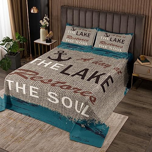 feelingyou See Haus Quilt Bettwäsche Set M Größe, nautische Anker See Ozean Thema Bettdecke Coverlet für Mädchen Teens, Retro rustikale Holz Camping Kabine Weiche Polyester Quilt Set von feelingyou