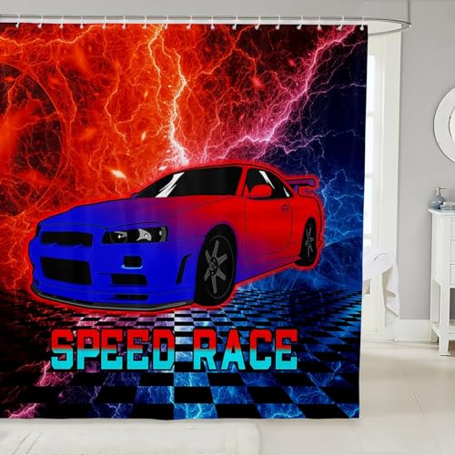 feelingyou Speed Race Badevorhang, Red Blue Race Auto Lightning Print Duschvorhang für Stände, Extreme Sport Auto kariert wasserdichte Stoff Vorhänge mit 12 Haken, M Größe feelingyou Speed Race Badevorhang, Red Blue Race Auto Lightning Print Duschvorhang für Stände, Extreme Sport Auto kariert wasserdichte Stoff Vorhänge mit 12 Haken, M Größe von feelingyou