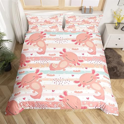 feelingyou Süßer Axolotl Bettwäsche-Set,Rosa Streifen Bettwäsche Set 135x200cm,Kawaii-Tiere Betten Set für Kinder Jungen Mädchen Teenager 2St.Reißverschluss Mikrofaser von feelingyou
