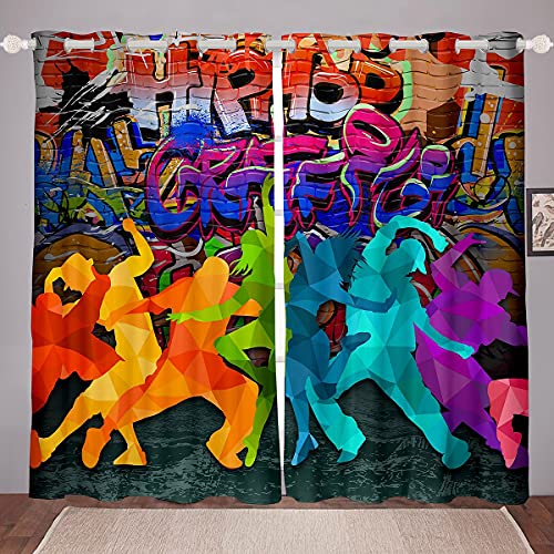 feelingyou Teenager tanzen Fenstervorhang 175x140cm Trippy Street Graffiti Wall Vorhänge für Kinder Jungen Mädchen Gedrucktes Hip Hop Sport Gardine 2er-Set Fenster Vorhänge von feelingyou