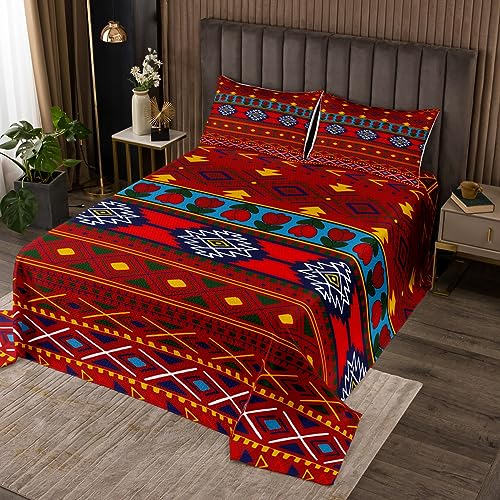 feelingyou Tribal Aztekische Tagesdecke L Größe für Erwachsene Frauen, afrikanischer Stil Boho Ethnische Streifen Quilt Set mit 2 Kissenbezügen, Böhmische Blumen Rot Bettwäsche gesteppt, Atmungsaktiv von feelingyou