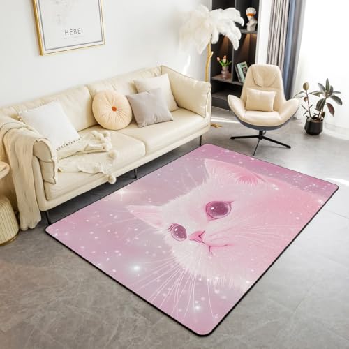 feelingyou White Cat Teppich 150x200cm, Glänzende Sterne Glitter Rosa Dekorative Bereich für Bett Wohnzimmer Dekor, Cute Cat Kawaii Tier Lovely Anti-Rutsch Waschbar Dekor Teppich für Indoor Outdoor feelingyou White Cat Teppich 150x200cm, Glänzende Sterne Glitter Rosa Dekorative Bereich für Bett Wohnzimmer Dekor, Cute Cat Kawaii Tier Lovely Anti-Rutsch Waschbar Dekor Teppich für Indoor Outdoor von feelingyou