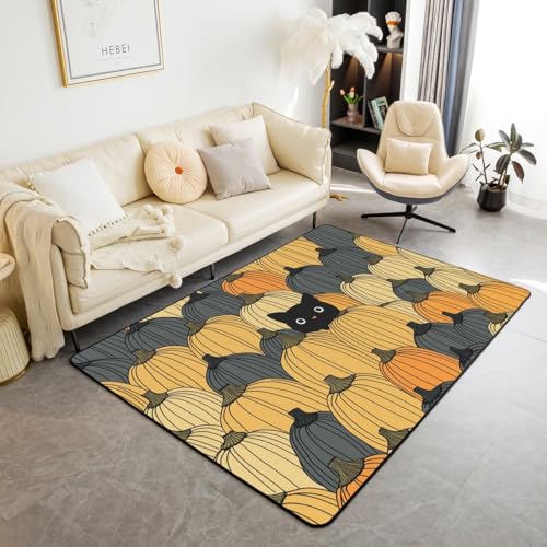 feelingyou YH Cute Cat Waschbar Area Teppiche Bunte Kürbis Bereich Teppich für, Herbst Thanksgiving Indoor Boden Teppich für Kinder Land Rustikale rutschfeste weiche Teppiche, 100x150cm von feelingyou