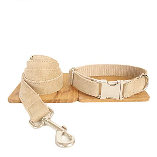 Einfarbige Hundehalsband mit Leine Set Steckverschluss Hundhalskette Verstellbare Hundehalsung Pastell Baumwolle mit Hundeführleine Hundeleine für Klein Mittlere Grosse Hunde (L, beige) von feiling