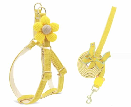 feiling Hundegeschirr Blumen Design mit 1.5m Hundeleine Verstellbare Brustgeschirre Weichem Katzengeschirr Haustier Softgeschirr für Kleine Mittlere Hunde (gelb, L) von feiling