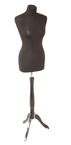 fella4stores Basic Schneiderpuppe, Damen Schneiderbüste aus PU Schaum, S (36/38) mit Überzug Schwarz und Holz-Dreibein Schwarz, in Höhe verstellbar, ideal für Kleiderpräsentation von fella4stores