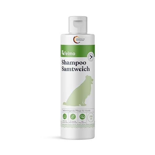 Felmo Hundeshampoo Samtweich (250ml) – Sanftes und pH-neutrales Shampoo für alle Hunderassen – Frei von künstlichen Duftstoffen und Parabenen - Für glänzendes Fell und bessere Kämmbarkeit von felmo