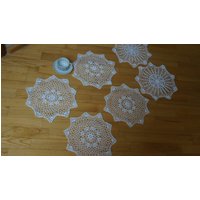 6 Baumwolldeckchen Untersetzer Blume Set Von Sechs Häkelmatte Unterlage Große Schneeflocke Floral Weiß Tisch Tischset Serviette Gestrickt Rund von feltinga