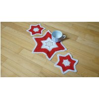sterne Set Rot Weiß Gehäkelter Tischläufer Untersetzer Matte Unterlage Tischset Durchbrochenes 3 2 Baumwoll-Overlay Hell Valentines Weihnachten von feltinga