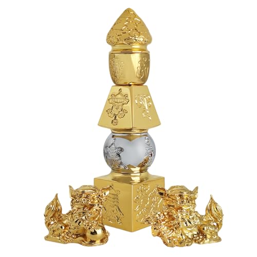 Feng Shui 5 Elemente Pagode mit 8 glücksverheißenden Objekten und Fu-Hunden Dekofigur Acht Schatz Pagode Ornamente w5654 von fengshuisale