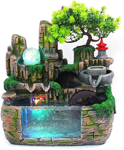 fennnds Zimmerbrunnen mit LED Beleuchtung und Nebel, 30 x 20 x 30cm, Garten Aquarium Harz Desktop Brunnen, Farbwechsel Springbrunnen für Wohnzimmer, Schlafzimmer, Büro und Studie Dekoration von fennnds
