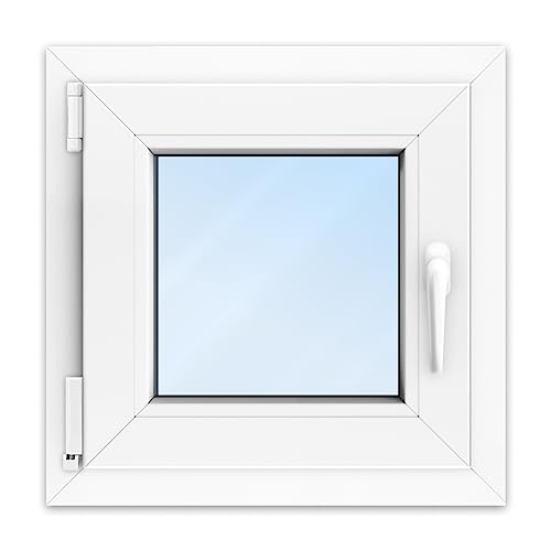 FENSTERVERSAND - Kunststofffenster Weiß - zu öffnendes Fenster 50x50 Kunststoff mit Griff, Dreh- & Kippfenster, 2-fach Verglasung, Klarglas - DIN links - BxH: 500x500 mm, 70 mm Profil von fensterversand
