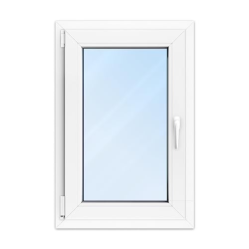 FENSTERVERSAND - Kunststofffenster Weiß - zu öffnendes Fenster 60x80 Kunststoff mit Griff, Dreh- & Kippfenster, 2-fach Verglasung, Klarglas - DIN links - BxH: 600x800 mm, 70 mm Profil von fensterversand