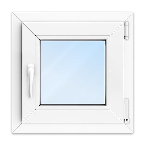 FENSTERVERSAND - Kunststofffenster Weiß - zu öffnendes Fenster 50x50 Kunststoff mit Griff, Dreh- & Kippfenster, 2-fach Verglasung, Klarglas - DIN rechts - BxH: 500x500 mm, 70 mm Profil von fensterversand