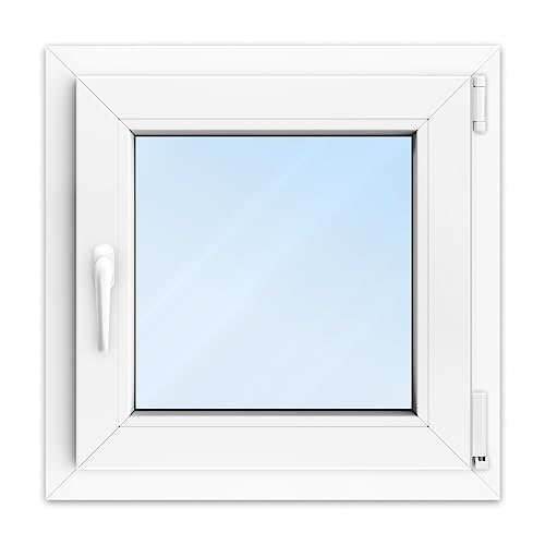 FENSTERVERSAND - Kunststofffenster Weiß - zu öffnendes Fenster Kunststoff mit Griff, Dreh- & Kippfenster, 2-fach Verglasung, Klarglas - DIN rechts - BxH: 600x600 mm, 70 mm Profil von fensterversand