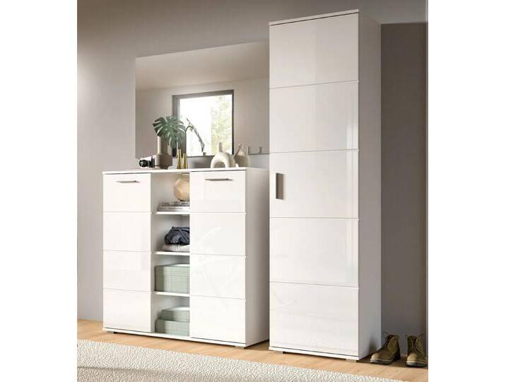 Garderoben-Set Prego 2 weiß Hochglanz 3-teilig Kommode mit LED Unterbauspots von fh furnhaus