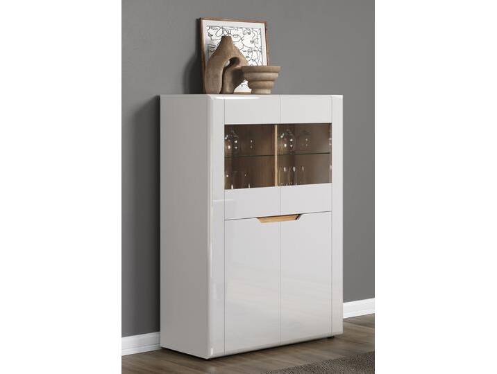 Highboard Marlon , weiß Hochglanz / Evoke Eiche mit 2er Set Glasbodenclip von fh furnhaus