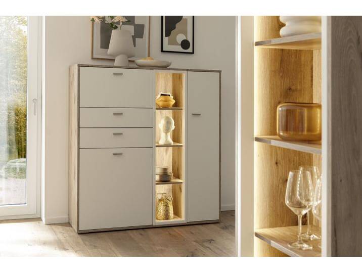 Highboard Santerno , Soft white / Viking Oak , LED Beleuchtung von fh furnhaus