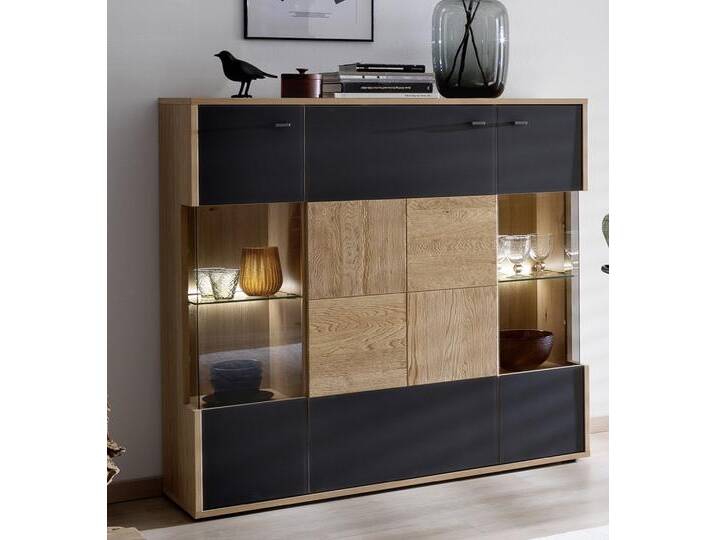 Highboard Valencia groß , Balkeneiche Bianco / Glas anthrazit , LED Beleuchtung von fh furnhaus