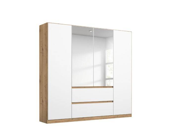 Kleiderschrank Drehtürenschrank Nidda , 4-türig , mit Spiegel , Alpinweiß / Eiche Artisan von fh furnhaus