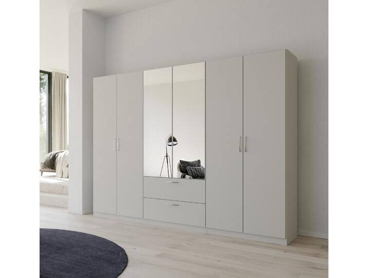 Kleiderschrank Drehtürenschrank Quadra-Spin , 6-türig , mit Spiegeltüren & Schubkästen , seidengrau , 271x210 , Griff Pure von fh furnhaus