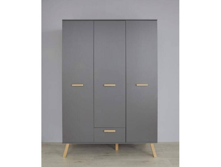 Kleiderschrank Mats , grau matt / Buche massiv , 3-türig , skandinavisch von fh furnhaus
