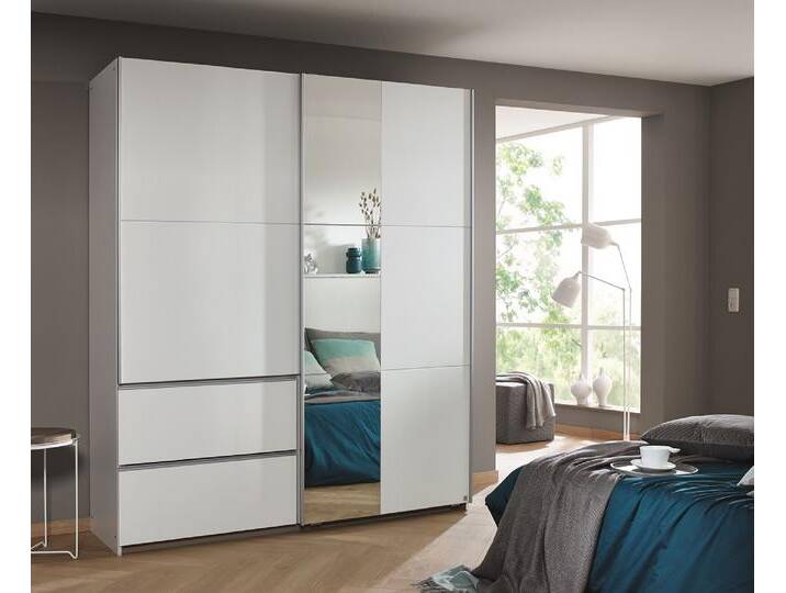 Kleiderschrank Schwebetürenschrank Sevilla mit Spiegel , 2-türig , Alpinweiß , verschiedene Größen von fh furnhaus