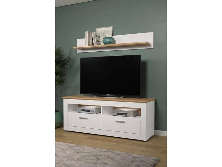 Lowboard TV-Schrank Shade Andersen Pinie weiß / Artisan Eiche Landhausstil mit 2er Set LED Unterbauspots von fh furnhaus