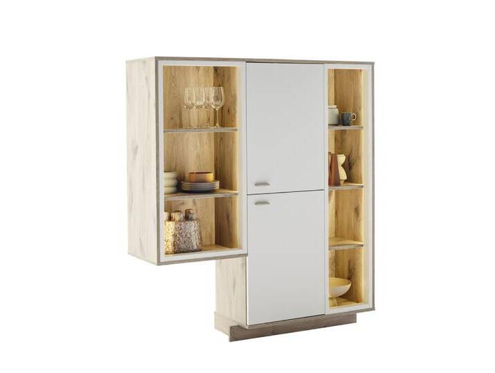 Regalschrank Highboard Santerno , Soft white / Viking Oak , mit Beleuchtung 125 cm von fh furnhaus