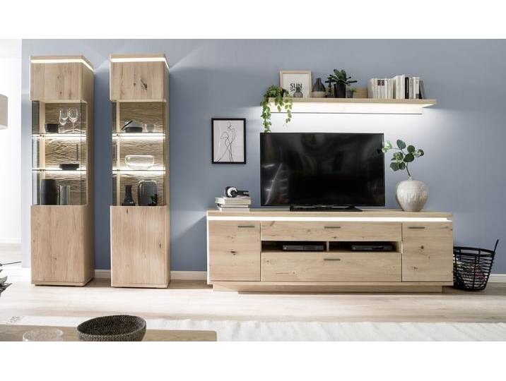 Wohnkombination Barcelona 2 , Balkeneiche Bianco / Eiche Bianco , 4-teilig , inkl. LED Beleuchtung von fh furnhaus