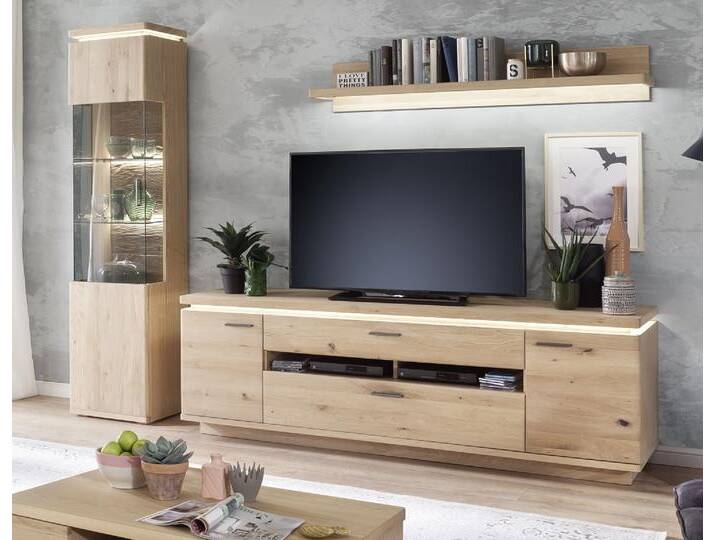 Wohnkombination Barcelona 4 , Balkeneiche Bianco / Eiche Bianco , 3-teilig , inkl. LED Beleuchtung Wandboard mit 1er Set LED Bandbeleuchtung Vitrine ohne Beleuchtung Wohnkombination Barcelona 4 , Balkeneiche Bianco / Eiche Bianco , 3-teilig , inkl. LED Beleuchtung Wandboard mit 1er Set LED Bandbeleuchtung Vitrine ohne Beleuchtung von fh furnhaus