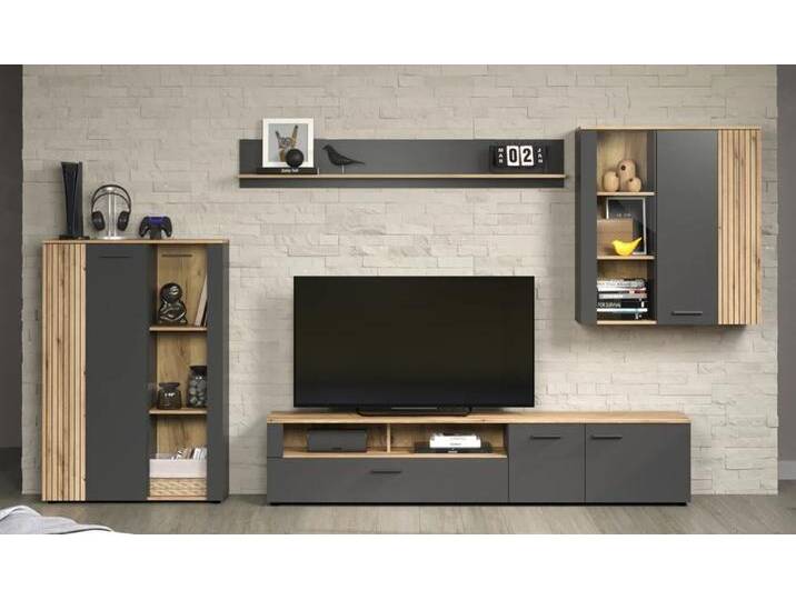 Wohnkombination Esteban Anthrazit / Coast Evoke Oak 4-teilig 2er Set LED Unterbauspot von fh furnhaus