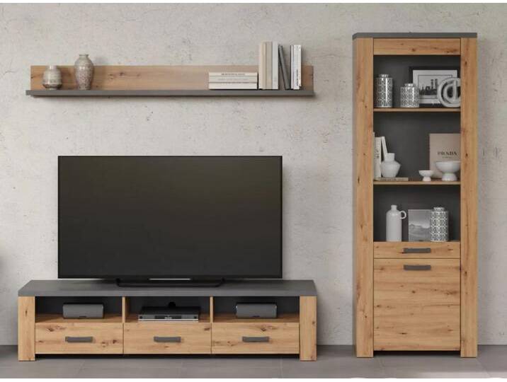 Wohnkombination Follow Artisan Eiche / Matera grau 3-teilig - 3er Set LED Unterbauspots von fh furnhaus