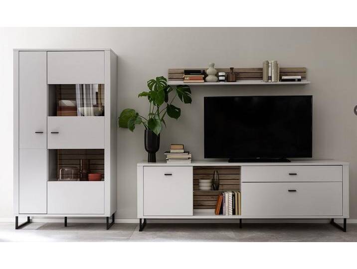 Wohnkombination Louisiana , Modern White , 3-teilig , TV-Board & Wandboard mit Beleuchtung von fh furnhaus
