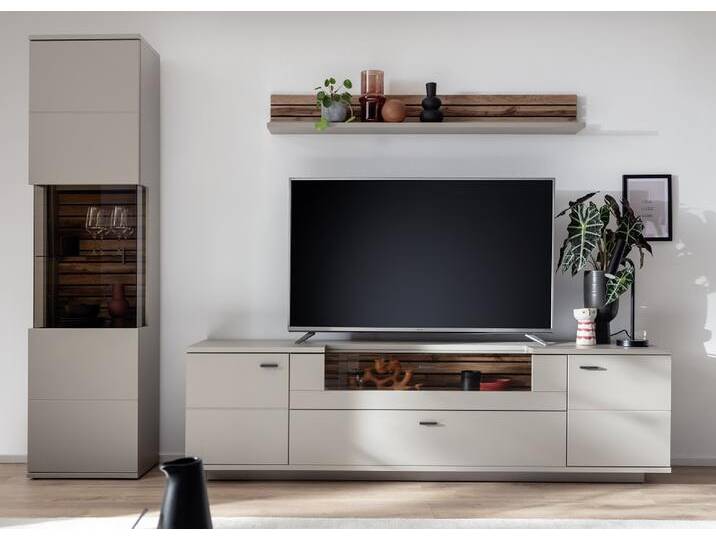 Wohnkombination Lüttich , Basalt / Wotan Eiche , 3-teilig , Vitrine & TV-Board mit Bandbeleuchtung Wohnkombination Lüttich , Basalt / Wotan Eiche , 3-teilig , Vitrine & TV-Board mit Bandbeleuchtung von fh furnhaus