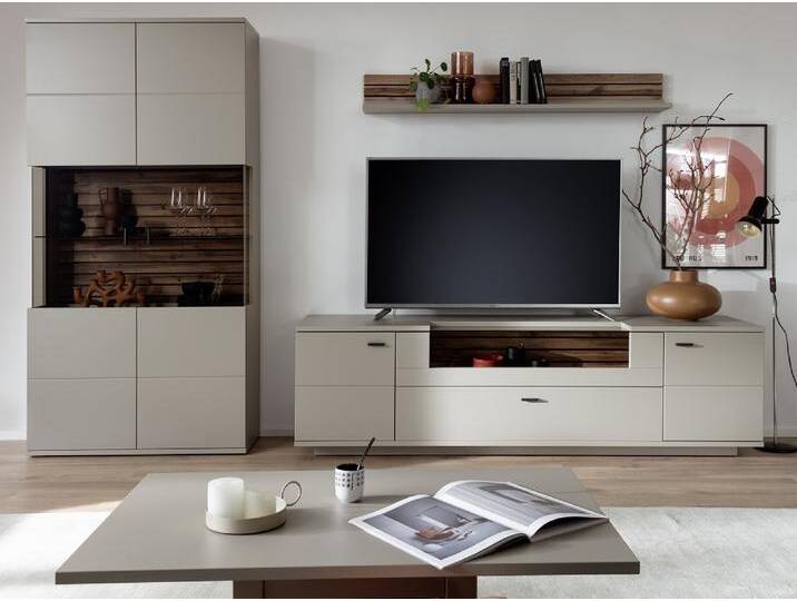 Wohnkombination Lüttich 3 , Basalt / Wotan Eiche , 3-teilig , Kombi-Vitrine mit Bandbeleuchtung von fh furnhaus