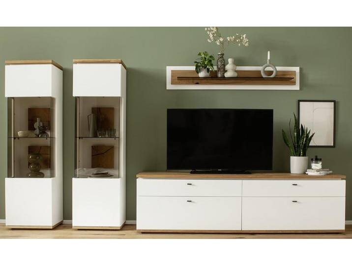 Wohnkombination Matadi , Soft white / Ast-Balkeneiche , 4-teilig , Wandboard & Vitrinen mit Bandbeleuchtung Wohnkombination Matadi , Soft white / Ast-Balkeneiche , 4-teilig , Wandboard & Vitrinen mit Bandbeleuchtung von fh furnhaus