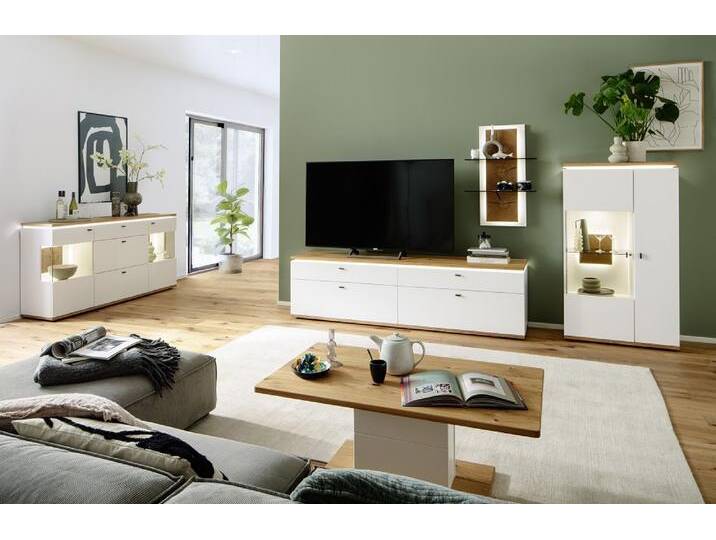 Wohnkombination Matadi 2 , Soft white / Ast-Balkeneiche , 3-teilig , Beleuchtung Komplettset von fh furnhaus