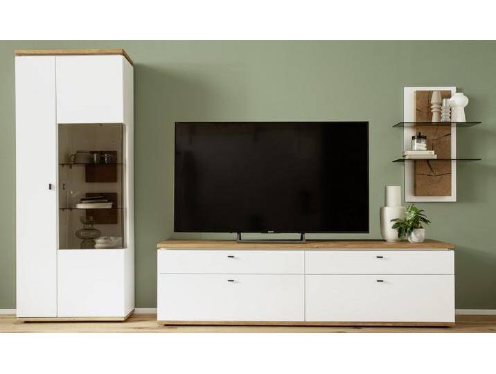 Wohnkombination Matadi 3 , Soft white / Ast-Balkeneiche , 3-teilig , Kombi-Vitrine mit Bandbeleuchtung von fh furnhaus