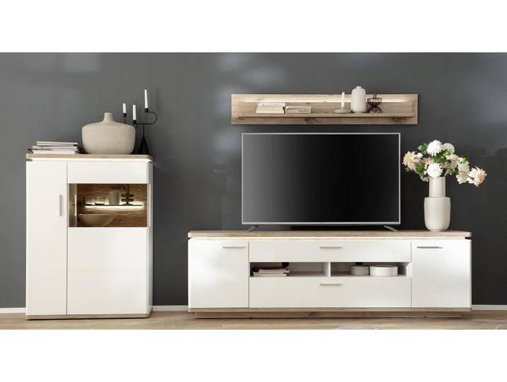 Wohnkombination Palermo 3 , Soft white / Viking Oak , 3-teilig , LED Beleuchtung von fh furnhaus