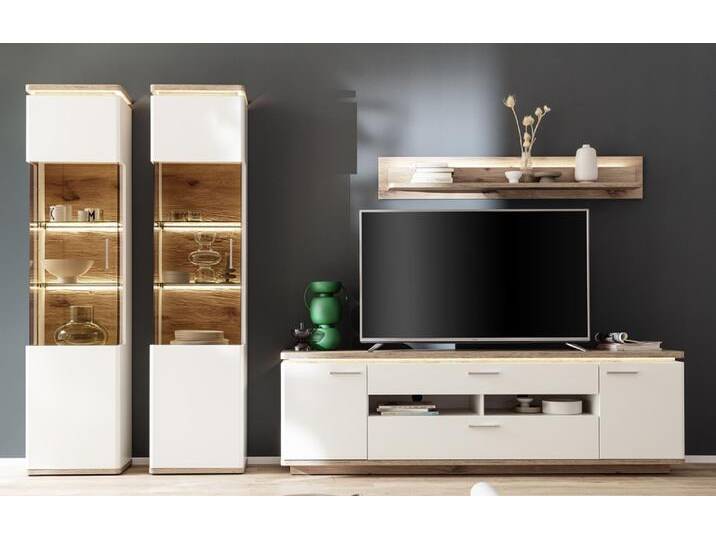 Wohnkombination Palermo 4 , Soft white / Viking Oak , 4-teilig , LED Beleuchtung von fh furnhaus