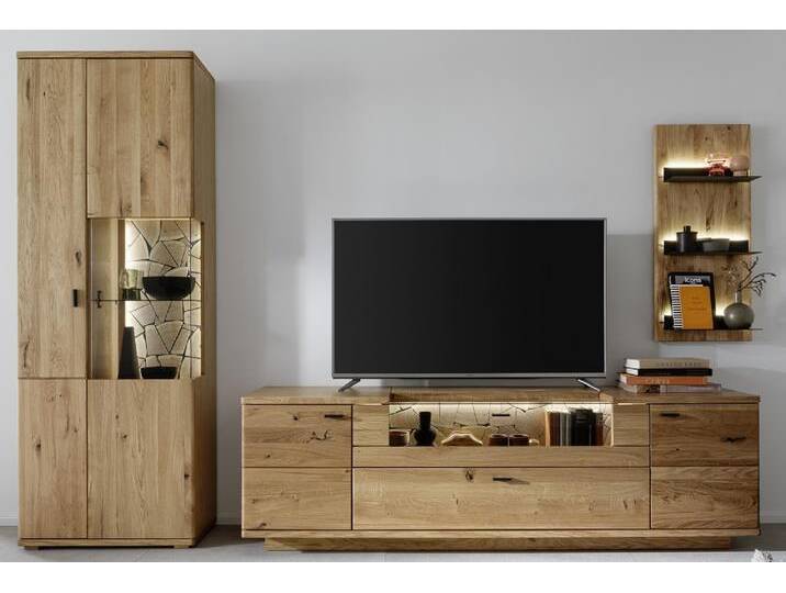 Wohnkombination Venedig , Naturfarben / Wildeiche , 3-teilig , Kombi-Vitrine mit Bandbeleuchtung von fh furnhaus