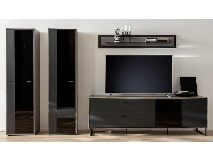 Wohnkombination Venezia 3 , Softblack / Vulcano Eiche , 4-teilig , TV-Board & Vitrinen mit Beleuchtung von fh furnhaus