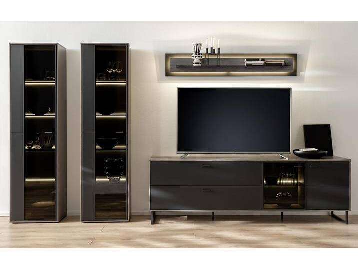 Wohnkombination Venezia 3 , Softblack / Vulcano Eiche , 4-teilig , optional LED Beleuchtung von fh furnhaus