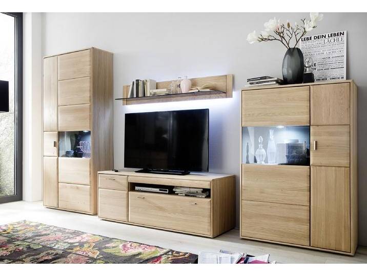Wohnwand Anbauwand 2 Tarragona , Eiche Bianco , 4-teilig , mit 1er Set LED 135 cm Bandbeleuchtung von fh furnhaus