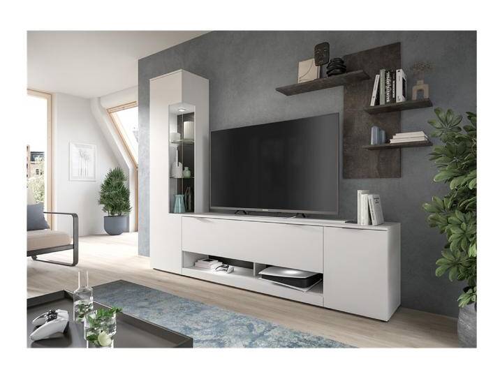 Wohnwand Anbauwand Ben , 3-teilig , weiß / Beton , LED Beleuchtung mit 3er Set Unterbuaspots mit 2er Set Glasbodenclips Wohnwand Anbauwand Ben , 3-teilig , weiß / Beton , LED Beleuchtung mit 3er Set Unterbuaspots mit 2er Set Glasbodenclips von fh furnhaus