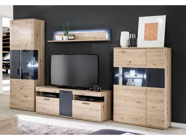 Wohnwand Anbauwand Cortona , Balkeneiche / anthrazit , 4-teilig , LED Beleuchtung von fh furnhaus
